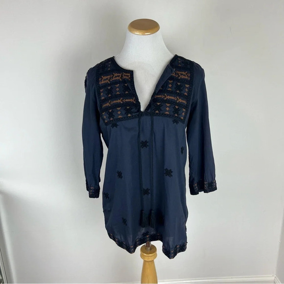 Figue Beaded Embroidered Boho Peasant Top Navy Size S - Picture 2 of 6